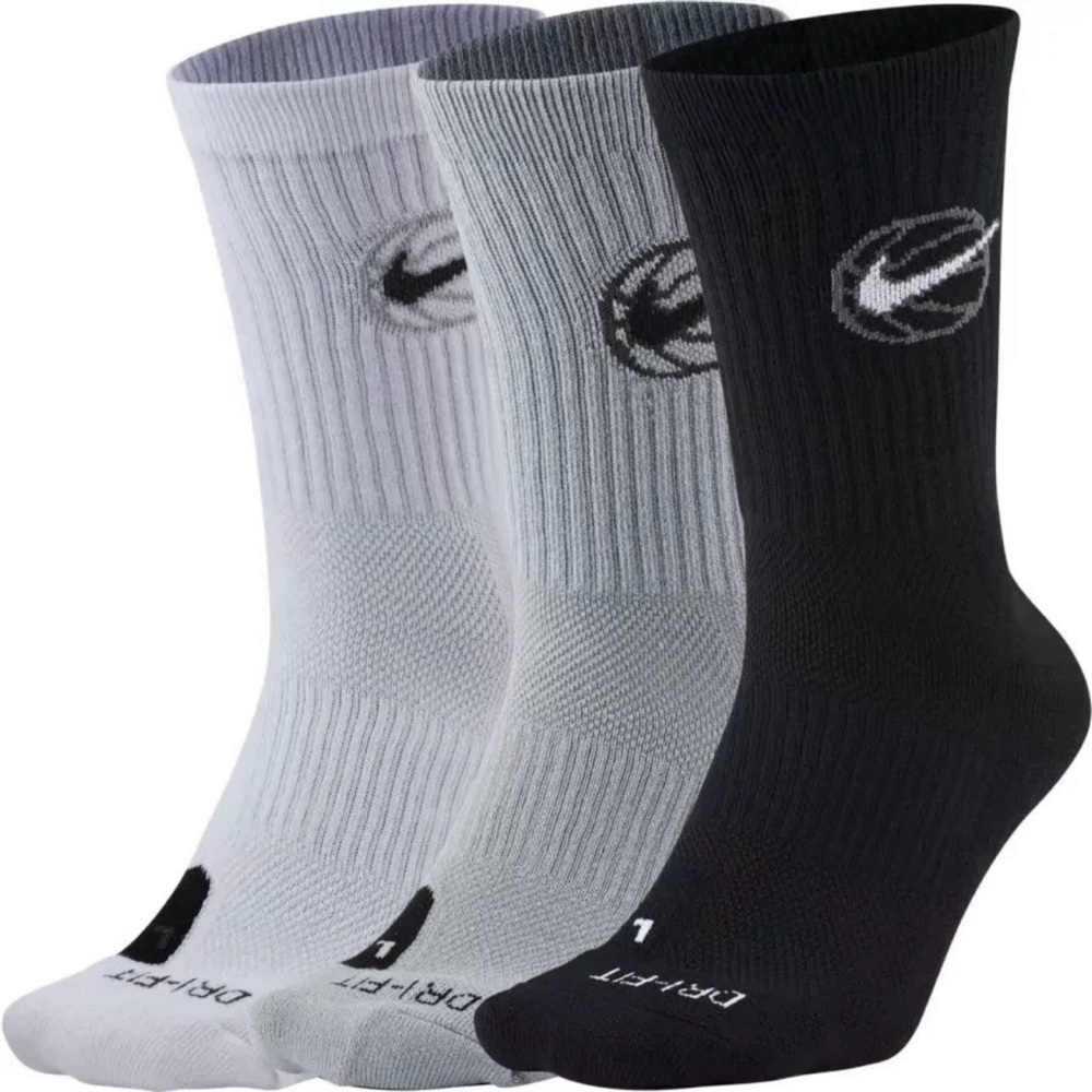 Men Nike Elite Everyday Basketball Crew Socks, Size L 8-12, White, Gray, Black